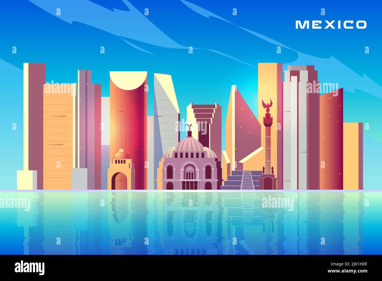 Ciudad de México horizonte de dibujos animados vector fondo con modernos rascacielos, edificios históricos, arquitectura turística atracciones, importante la cultura Ilustración del Vector
