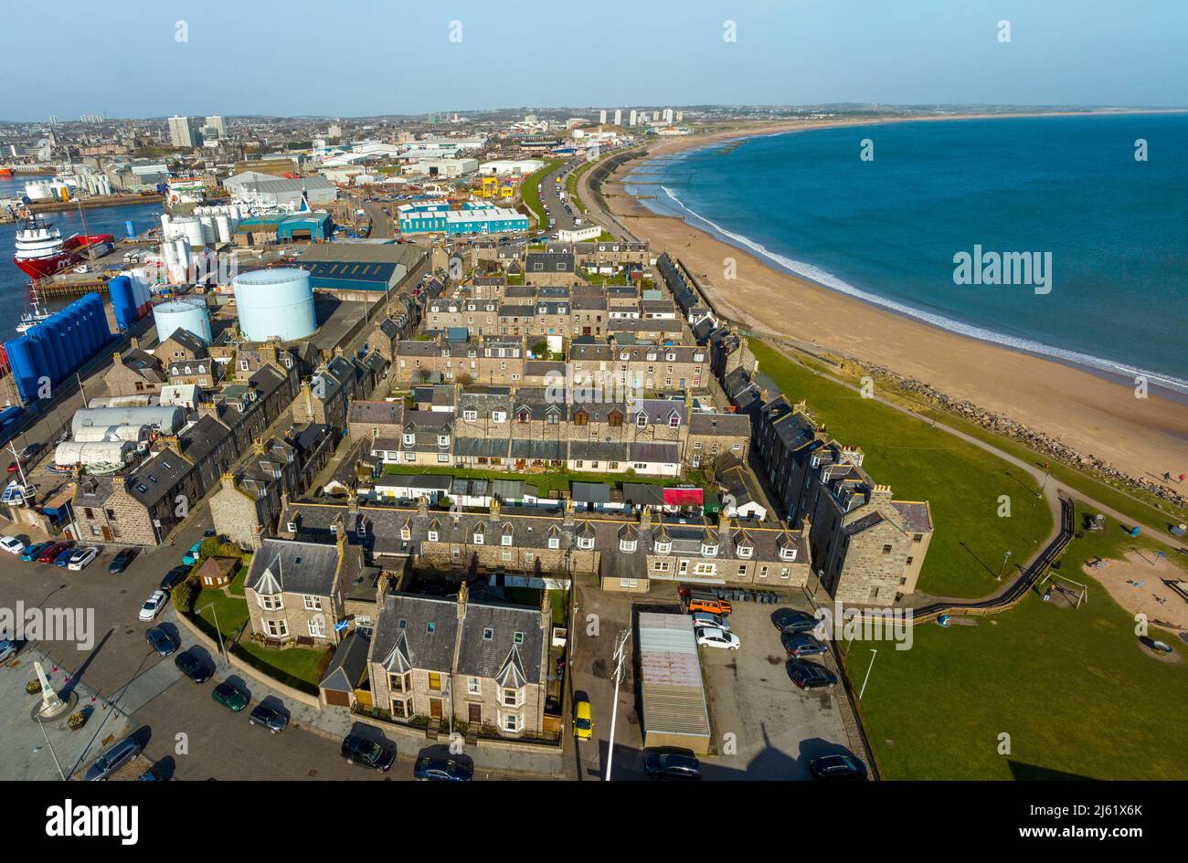 Vista aérea del distrito histórico de Footed, o Fittie, en Aberdeen, Aberdeenshire, Escocia, REINO UNIDO Foto de stock