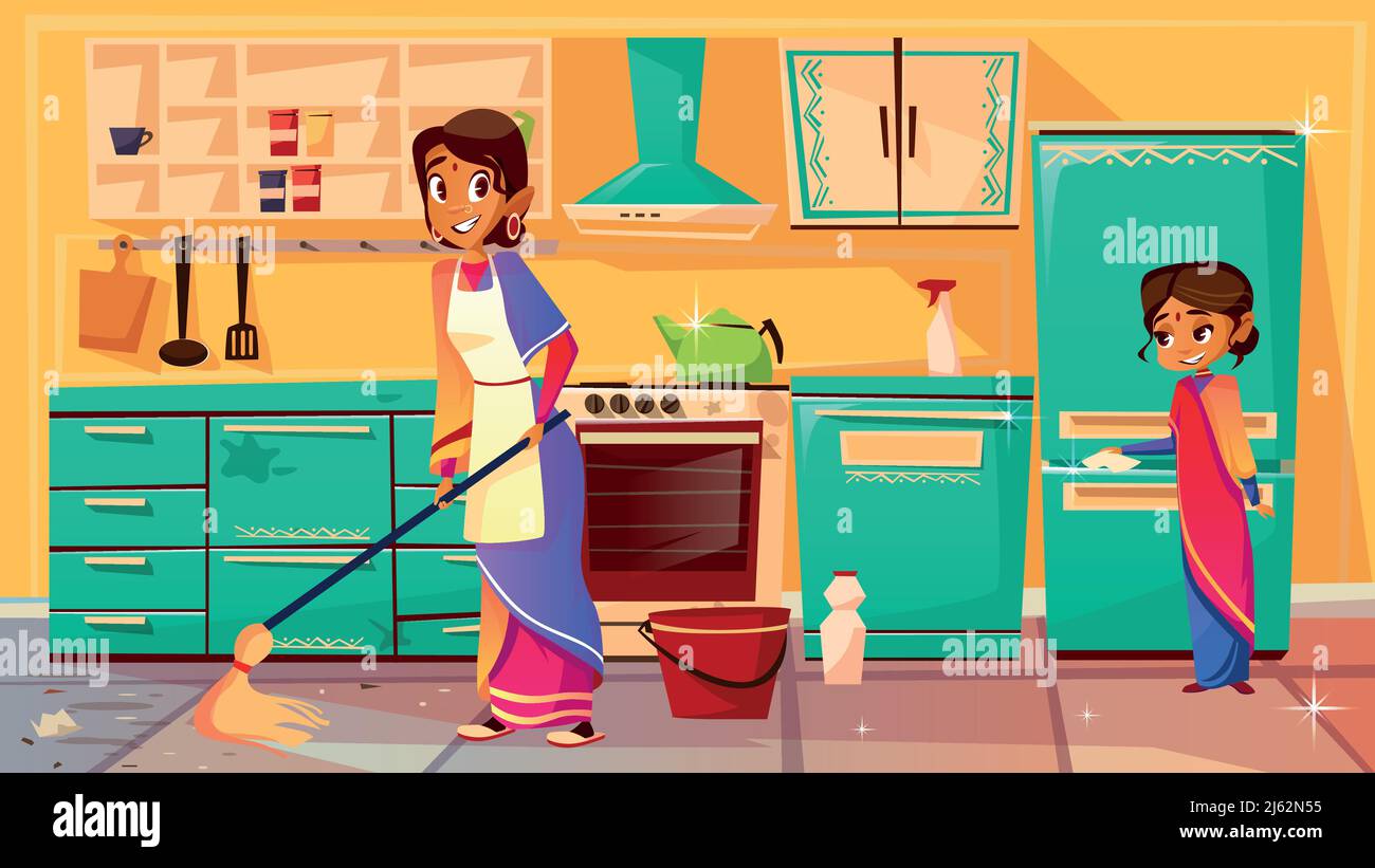 Ama de casa limpieza de la cocina vectorial ilustración de la madre india en el suelo de fregado sari y la hija ayuda a limpiar el refrigerador. Dibujos animados planos de la Ama de casa limpieza de la cocina vectorial ilustración de la madre india en el suelo de fregado sari y la hija ayuda a limpiar el refrigerador. Dibujos animados planos de la