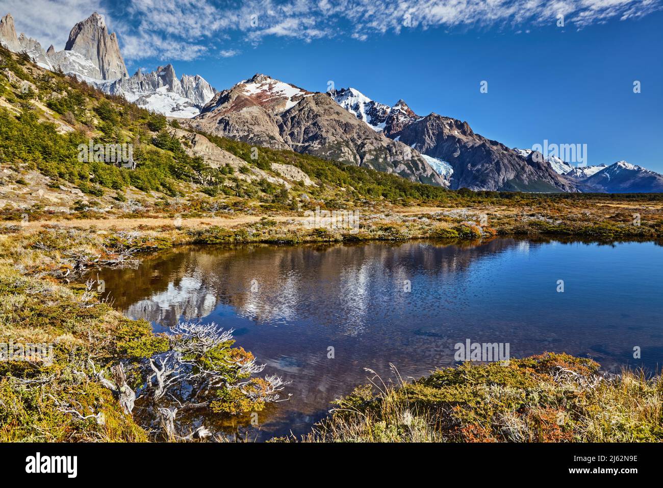 Monte Fitz Roy con reflexión en pequeño lago tarn , Parque Nacional Los Glaciares, Patagonia, Argentina Foto de stock