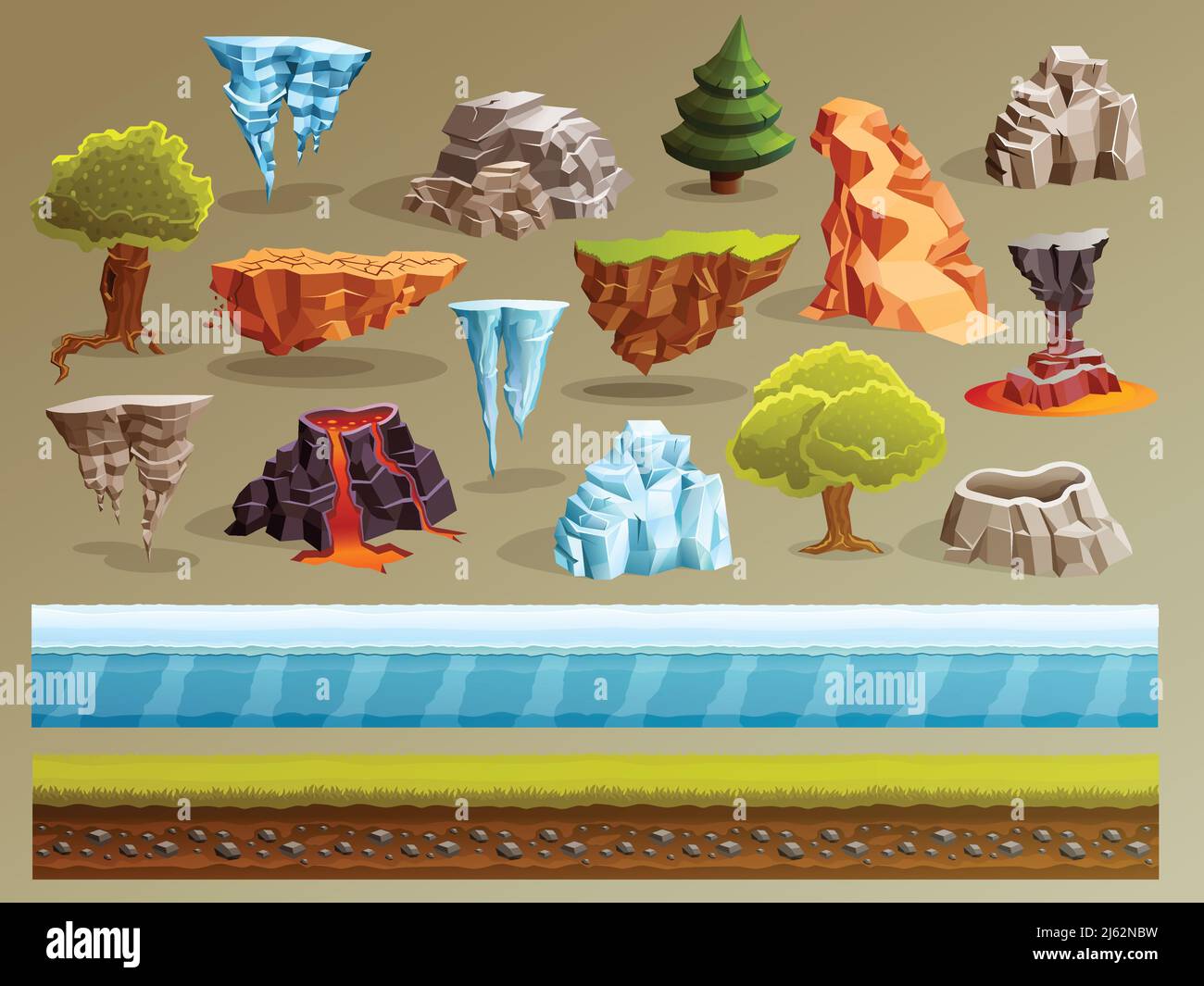 Elementos de dibujos animados de juego con piezas de árboles de paisajes de fantasía piedras sótano de hielo y construcción vulcanica vector ilustración Ilustración del Vector