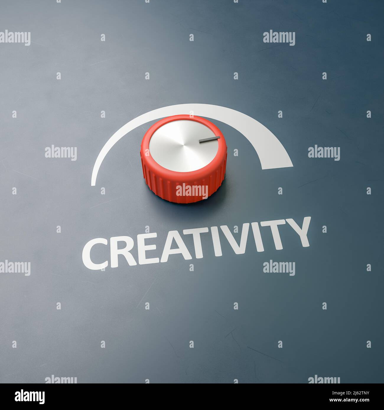 El mando rojo se encendió a escala completa con la palabra 'creatividad' como etiqueta - concepto de medidas para mejorar los procesos creativos. Copie el espacio alrededor para mejorar Foto de stock