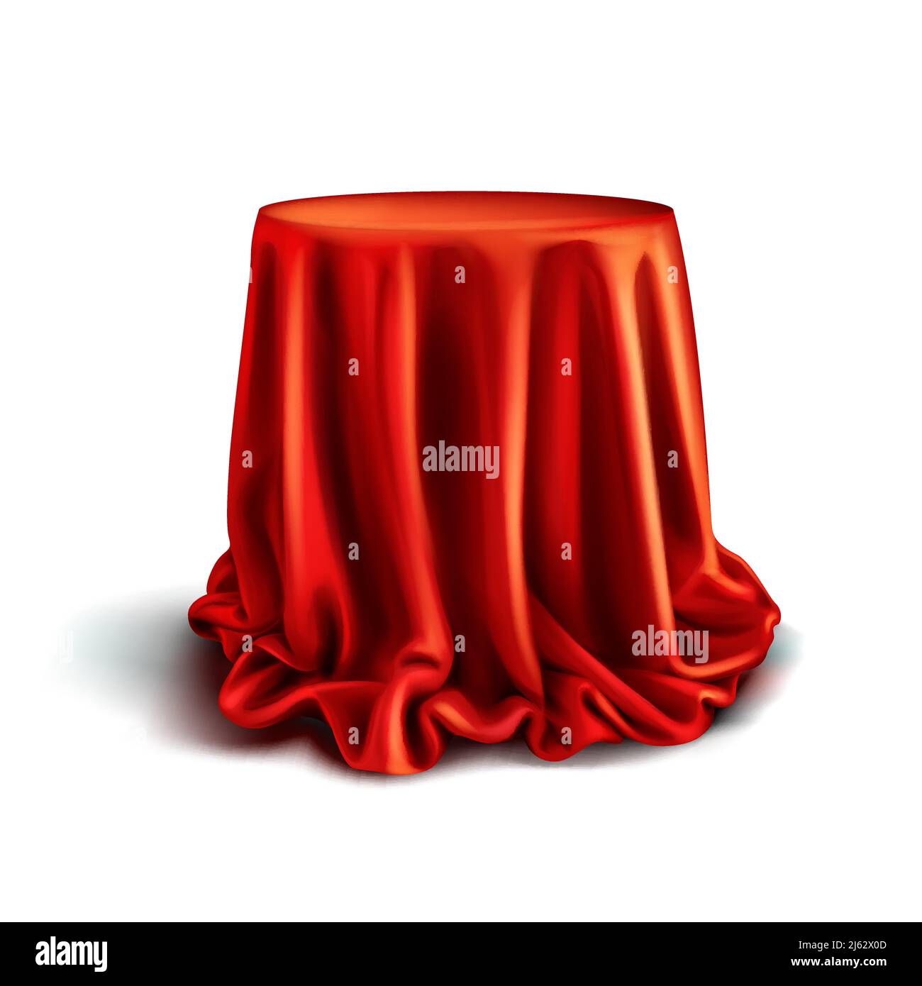 Caja vectorial realista cubierta con tela de seda roja aislada sobre fondo blanco. Soporte o mesa vacíos con mantel para mostrar trucos mágicos. Regalo SECRETO, Ilustración del Vector
