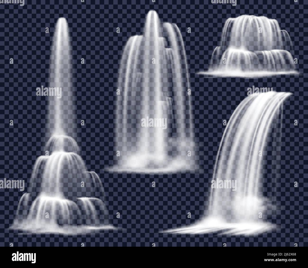 Conjunto de cascadas realistas incluyendo arroyos en cascada de varias formas sobre fondo transparente ilustración vectorial aislada Ilustración del Vector