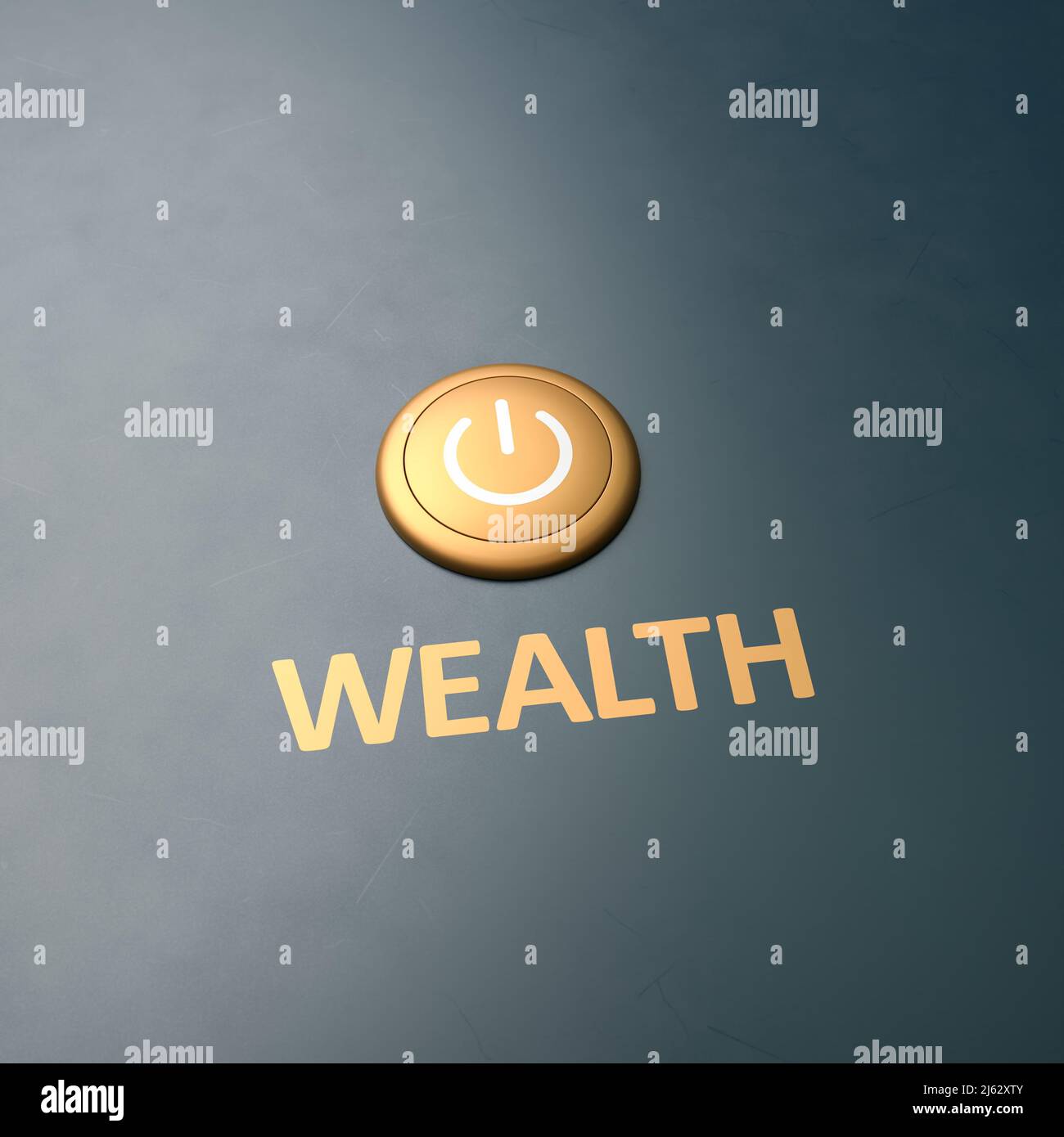 Botón de oro con la palabra 'riqueza' como una etiqueta - concepto para conseguir rico. Copie espacio alrededor para un mejor recorte Foto de stock