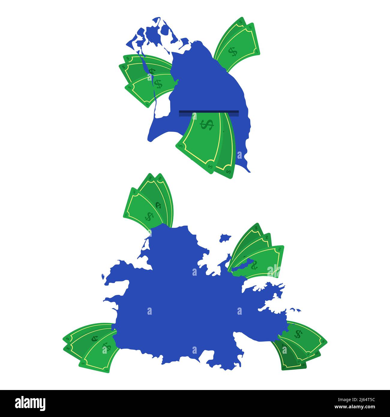 Antigua y Barbuda mapa en azul con billetes de dinero alrededor. Dinero