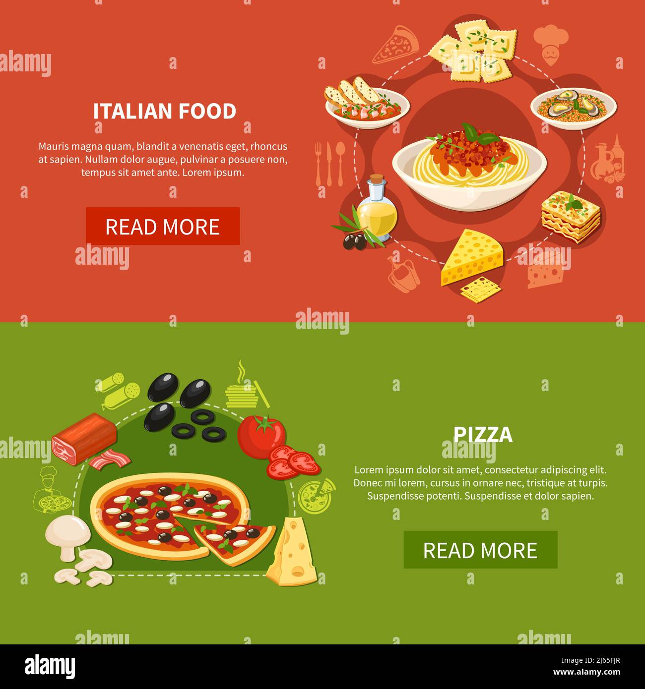 Cocina italiana pancartas horizontales con conjunto de platos tradicionales y.. ingredientes para la preparación de pizza ilustración vectorial plana Ilustración del Vector