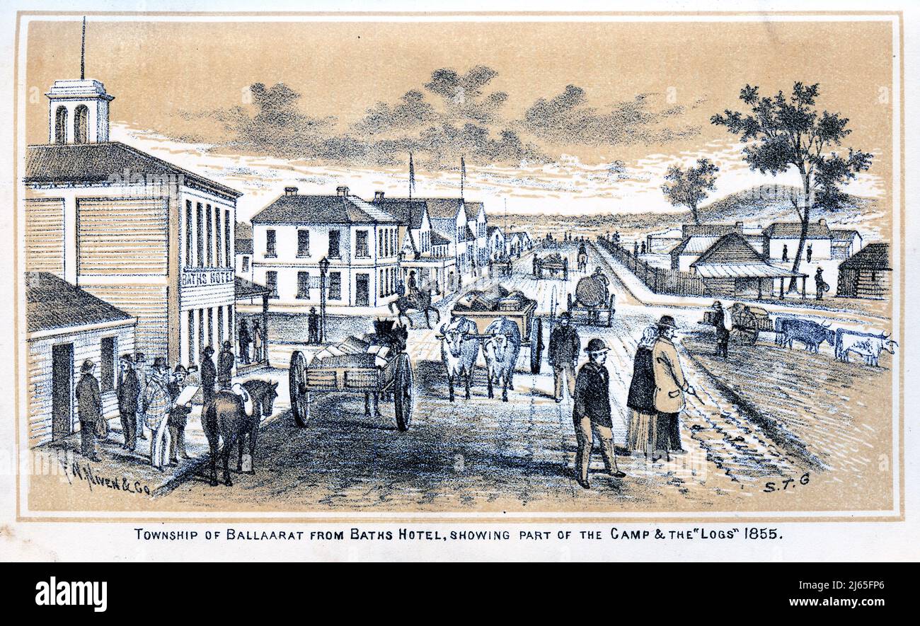Ilustración de Ballarat, Victoria, Australia, de 1855 años, que muestra parte del campamento y los troncos, donde los presos estaban obligados por falta de un bloqueo de prisión. Foto de stock