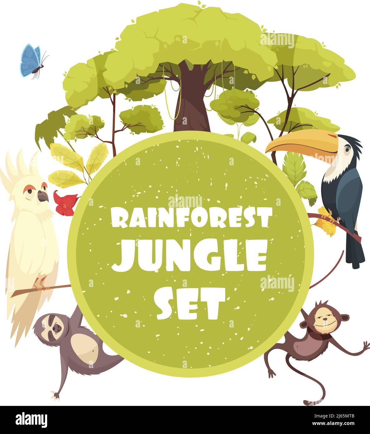 Estructura redonda decorativa de la selva con árboles y plantas de lluvia bosque y animales exóticos dibujos animados vector ilustración Ilustración del Vector