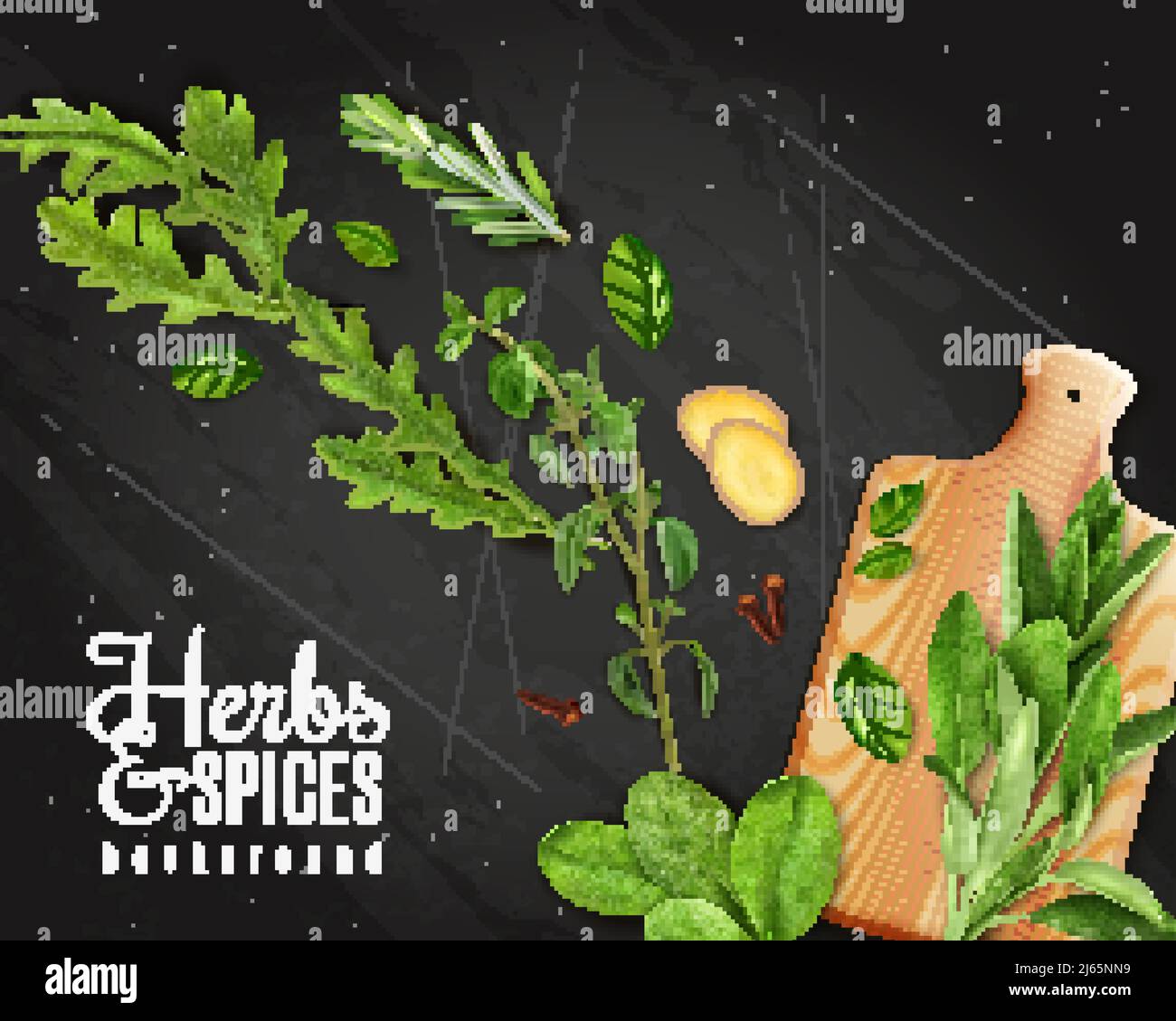Verde verduras frondosas hierbas promoción fondo de pizarra con rúcula romero espinacas jengibre en tabla de cortar ilustración vectorial Ilustración del Vector