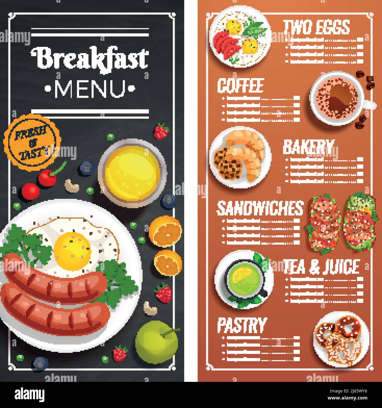 Diseño de menú de desayuno para café y restaurante con oferta de platos  hechos con sabrosos productos frescos vector ilustración Imagen Vector de  stock - Alamy