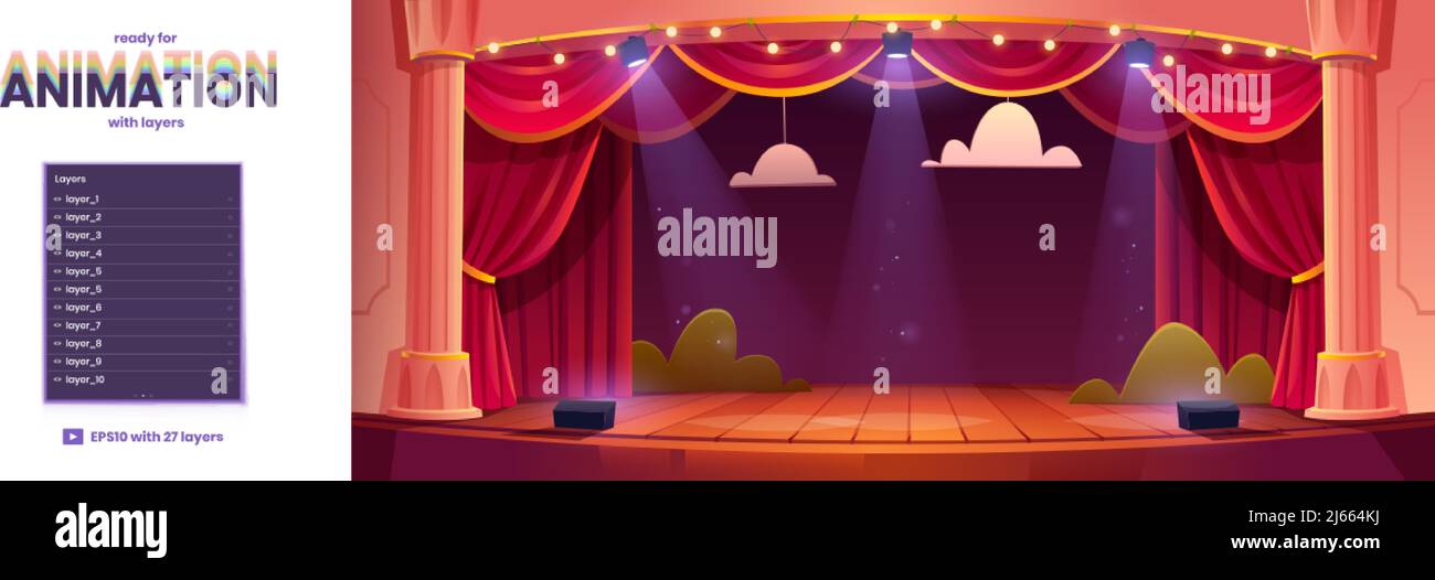 Escenario de teatro de fondo de dibujos animados para la animación de juego  con 2D capas separadas. Cortinas rojas, decoración y focos en el interior  del teatro con madera Imagen Vector de