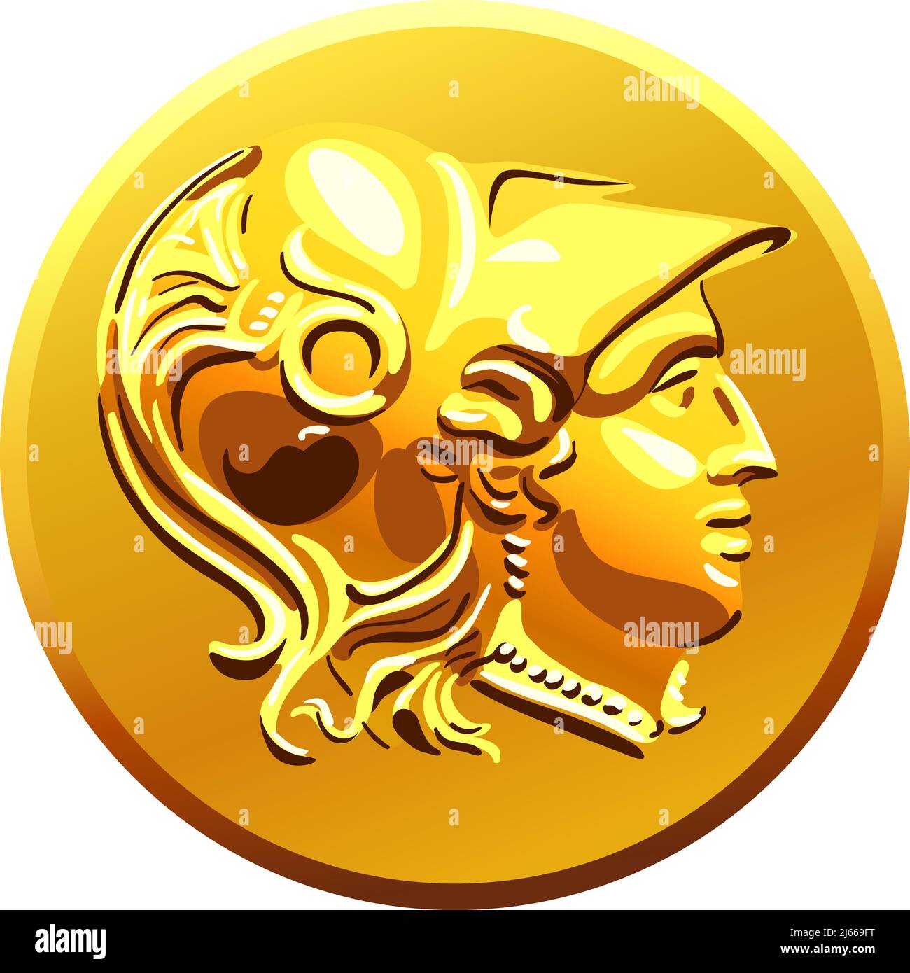 Dinero, oro brillante griega antigua moneda con la imagen de Alejandro de Macedonia en el casco Ilustración del Vector