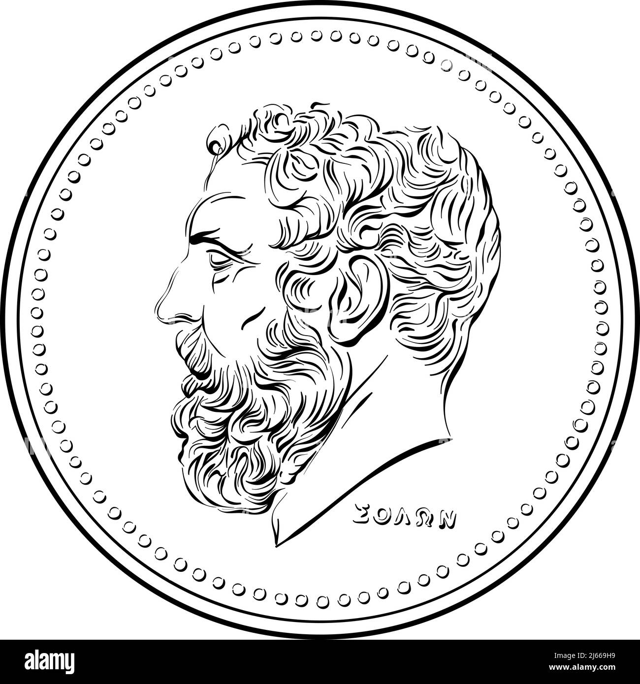Vector blanco y negro anverso del dinero griego, moneda de 50 dracmas con perfil de Solón Ilustración del Vector