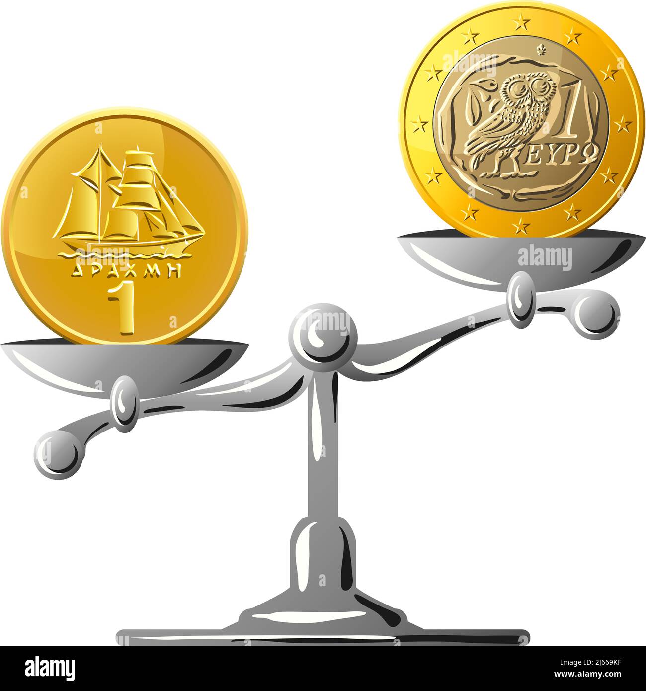 Concepto de un viejo dracma griego moneda y moneda euro sobre las escalas de oro Ilustración del Vector