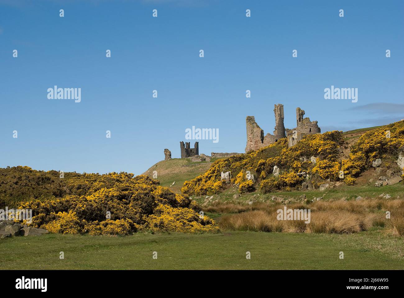 Paisaje Imagen del cercano lejano Castillo de Dunstanburgh desde el lado de tierra con la parte superior de torre y torres redondas con tierra con incrustaciones de gorges y cielo azul Foto de stock