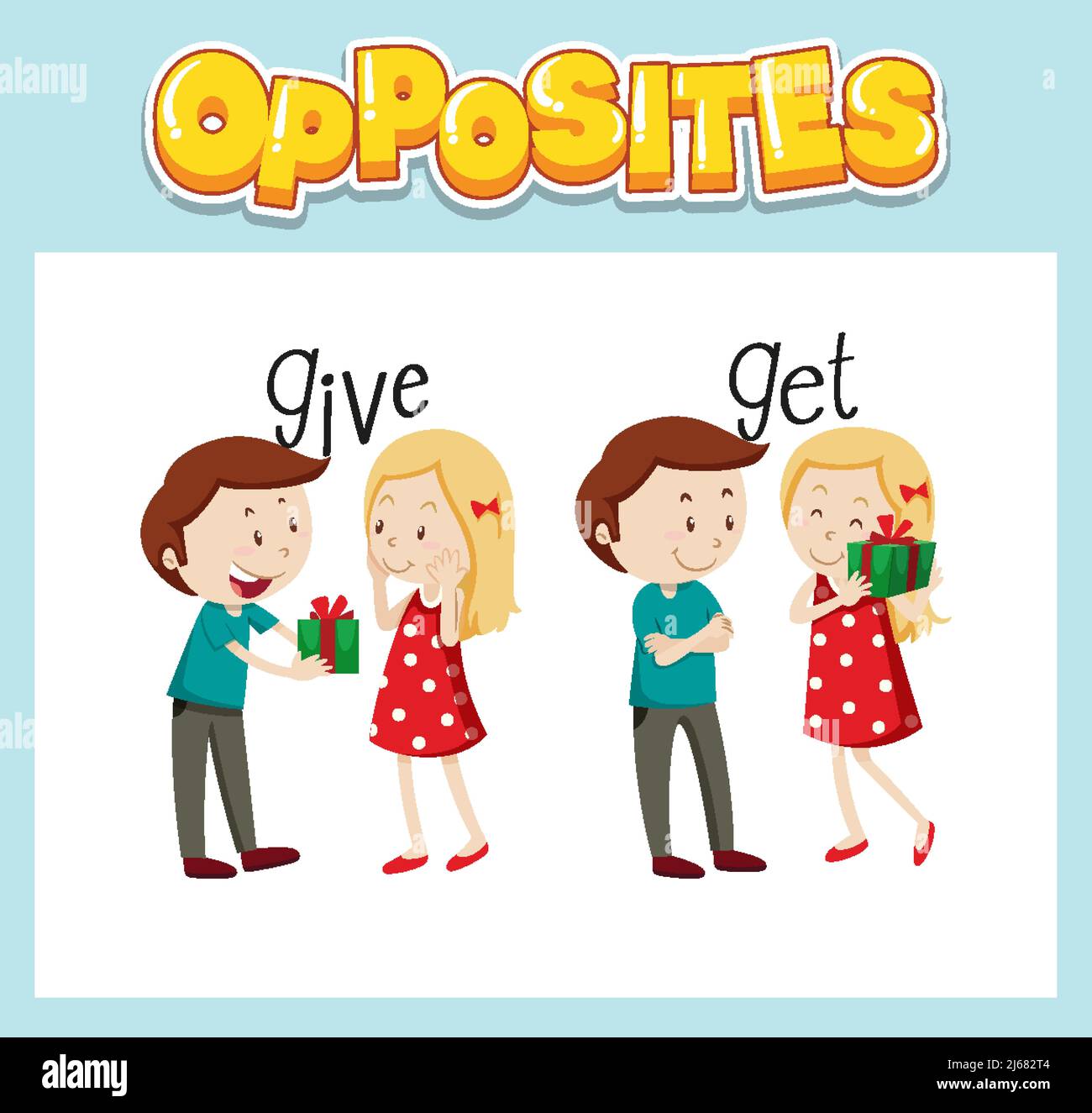 Palabras en inglés opuestas con ilustración de dar y calmar Imagen