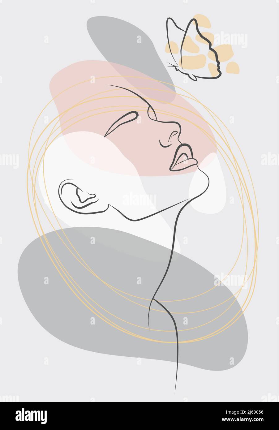Vertical en una línea. La cara de una mujer con una mariposa es abstractamente un retrato lineal sólido. Ilustración de estilo minimalista moderno para carteles, avata Ilustración del Vector