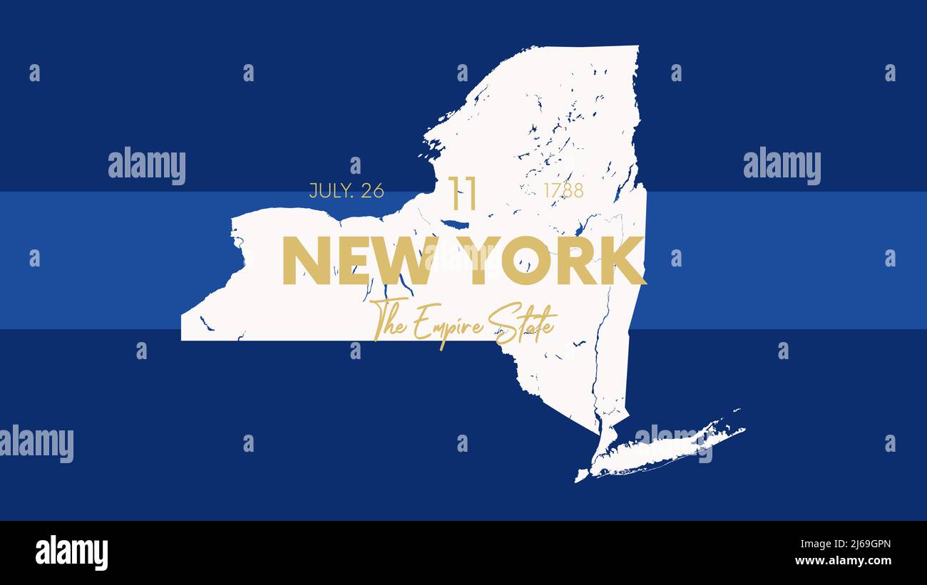 11 de los 50 estados de los Estados Unidos con un nombre, apodo, y fecha admitida a la Unión, Vector New York Map detallado para imprimir carteles, postcar Ilustración del Vector
