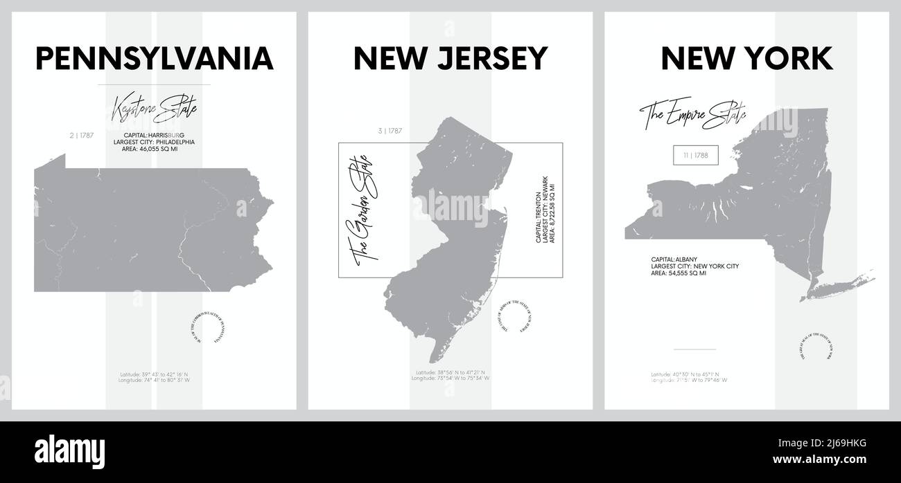 Carteles vectoriales con siluetas muy detalladas de mapas de los estados de América, División Mid-Atlantic - Pennsylvania, New Jersey, New York - Set 3 o Ilustración del Vector