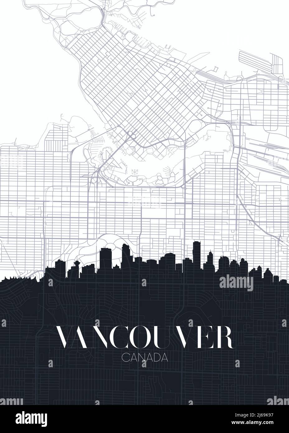 Horizonte y mapa de la ciudad de Vancouver, póster detallado de vector plano urbano Ilustración del Vector