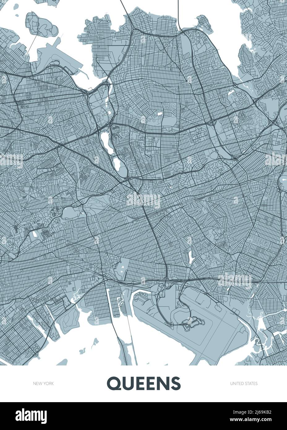 Mapa detallado de la ciudad de Queens Nueva York, plano de calles de la ciudad vectorial en color, póster de viaje imprimible o postal Ilustración del Vector