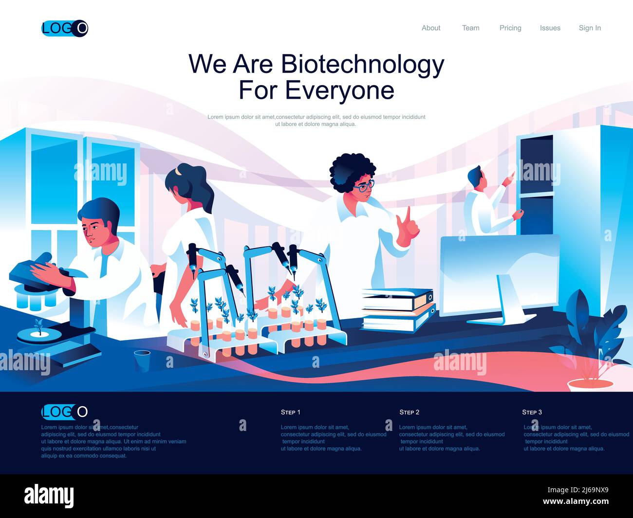 Somos Biotecnologia para todos Página de aterrizaje isométrica. Investigación científica, bioingeniería, página web de isometría de recombinación de ADN. Científicos en laborat Ilustración del Vector