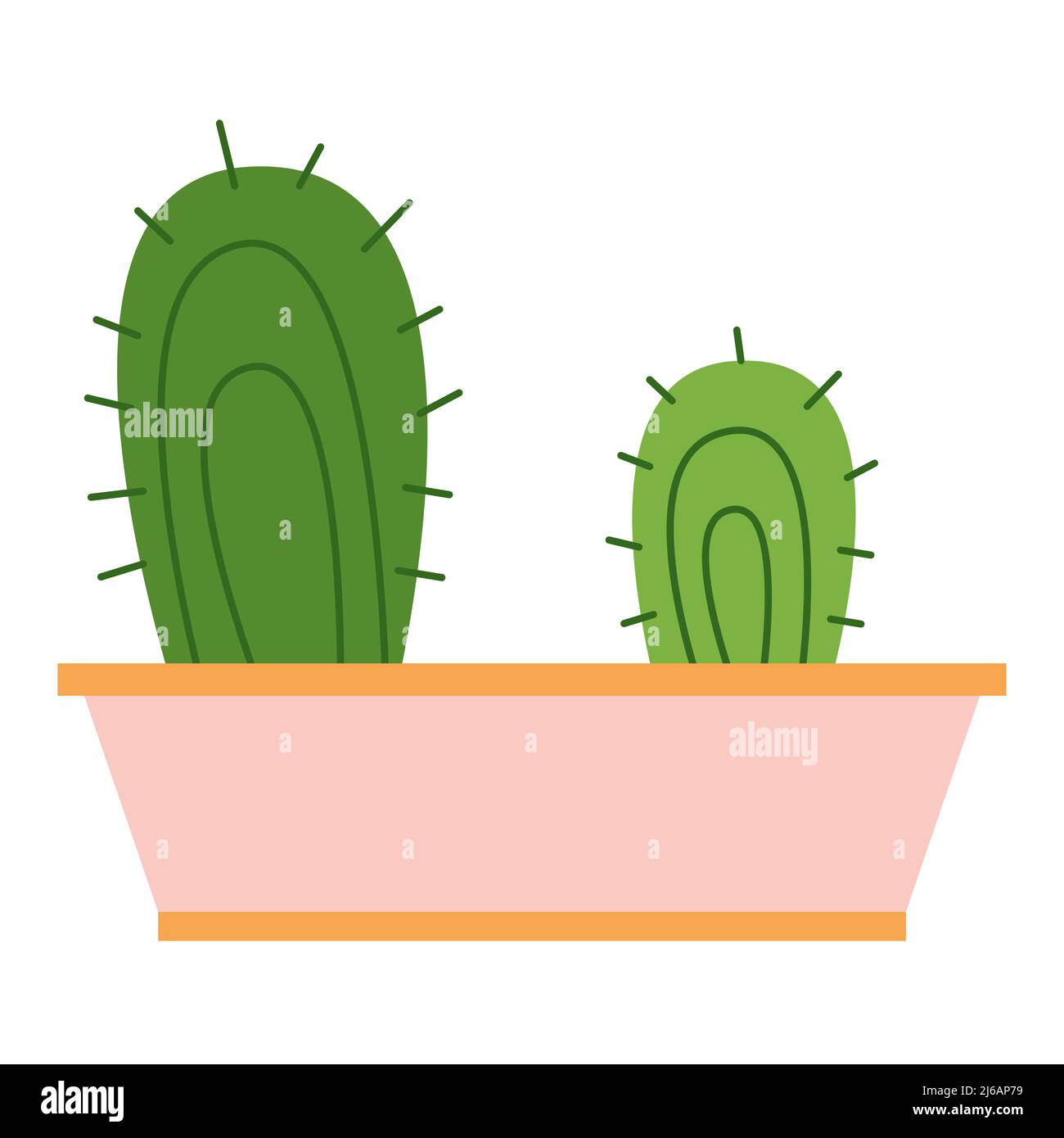 Cactus dos con espinas en maceta de flores de cerámica cuadrada rosada.  Adecuado para decorar cuadernos, para crear pegatinas, para tela aislada  sobre fondo blanco. Concepto de decoración de la casa. Ilustración