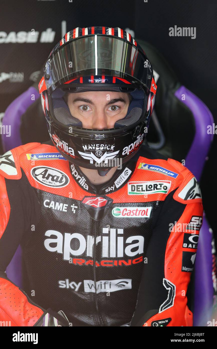 Circuito de Jerez, Jerez de la Frontera, España el 30 de abril de 2022 #12  Maverick Vinales, Español: Aprilia Racing vistiendo el nuevo casco Top Gun  durante el GRAN PREMIO RED BULL