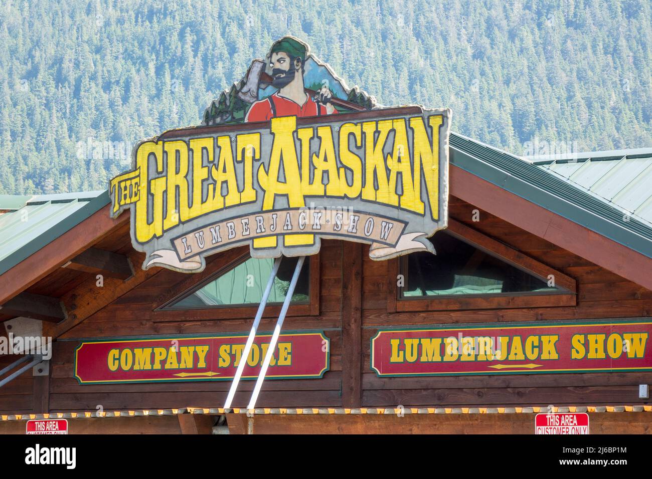 Cartel fuera del Gran Espectáculo de Lumberjack de Alaska en Ketchikan