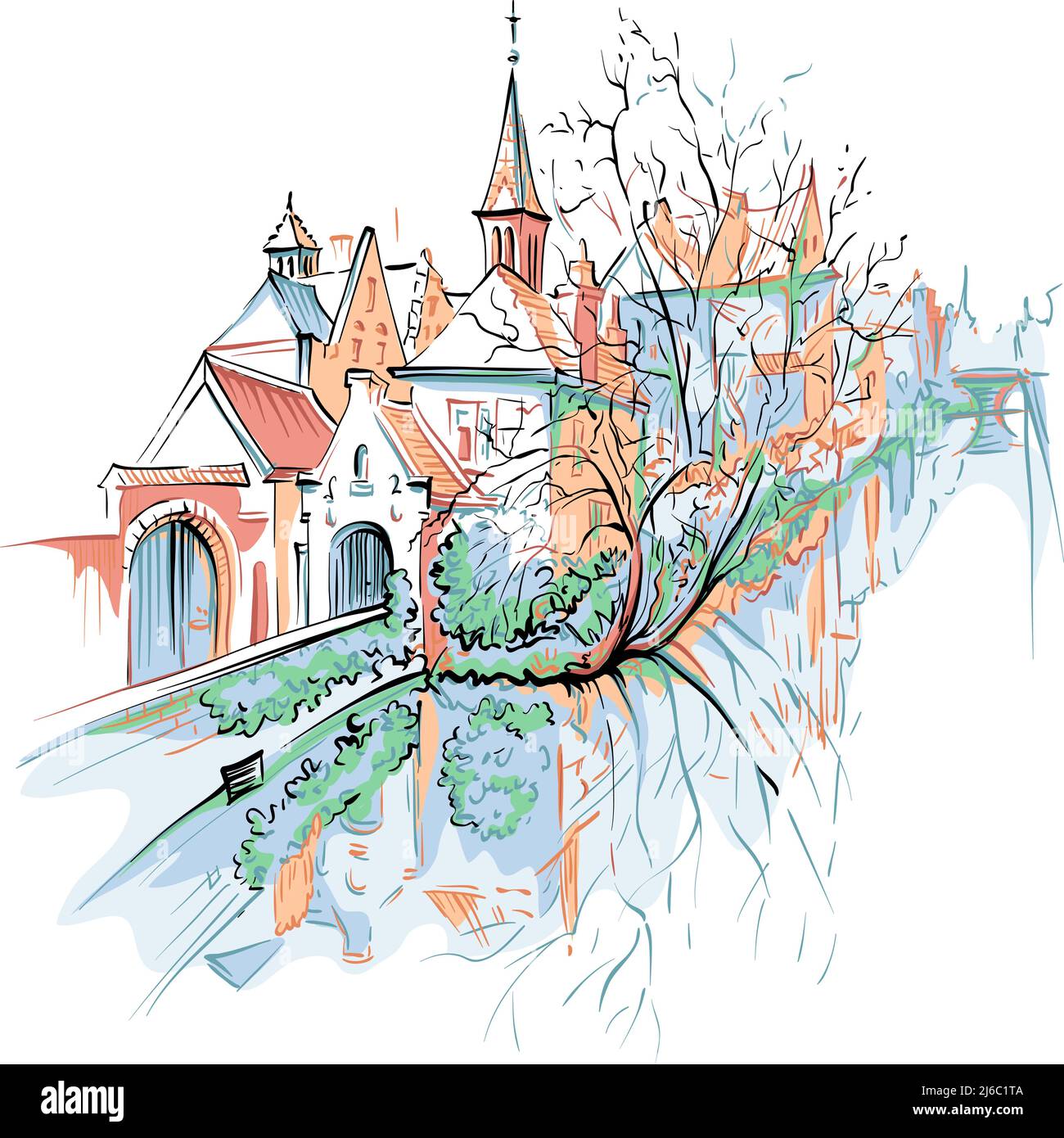 Pintoresca ciudad de vectores boceto, vista del canal de Brujas con hermosas casas medievales y la iglesia, Bélgica Ilustración del Vector