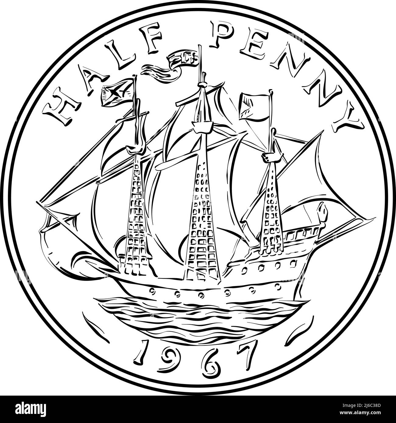 Vector negro y blanco moneda británica un medio penny viejo con galeón en el reverso Ilustración del Vector