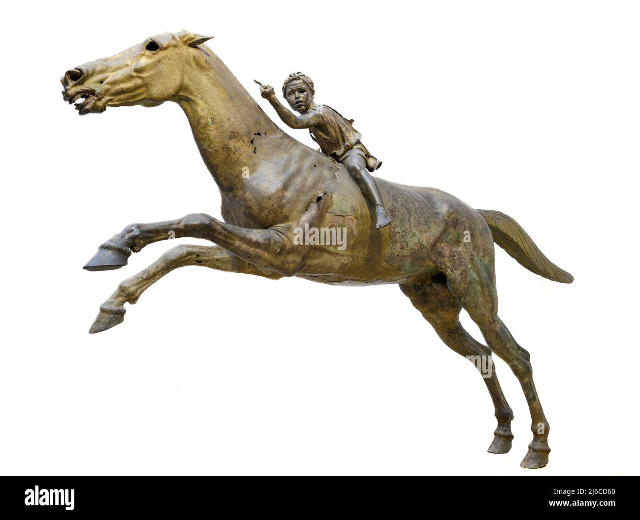Estatua de bronce de un caballo y jinete joven conocido como el Jockey Artemision. Recuperado en los peices de un antiguo naufragio cerca del Cabo Artemision en la EUBO Foto de stock
