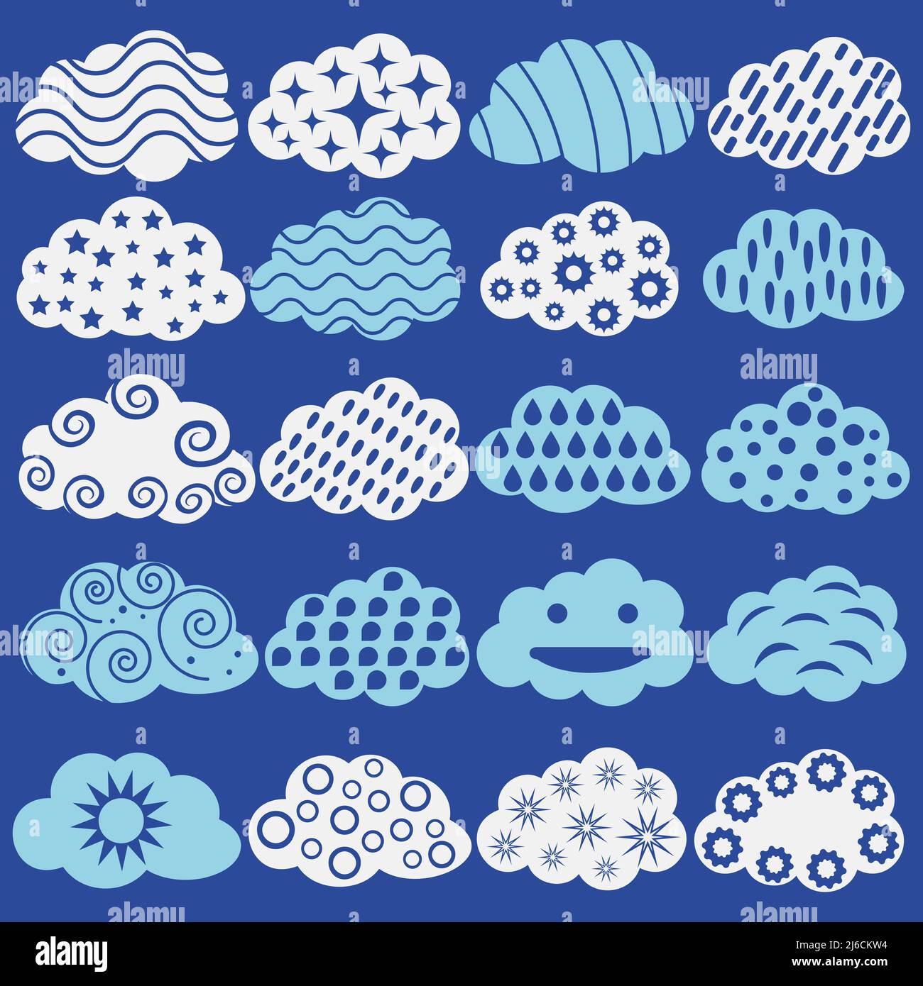 Simple colección de nubes vectoriales abstractas en azul y blanco. Lindo paquete de nube. Ilustración del Vector