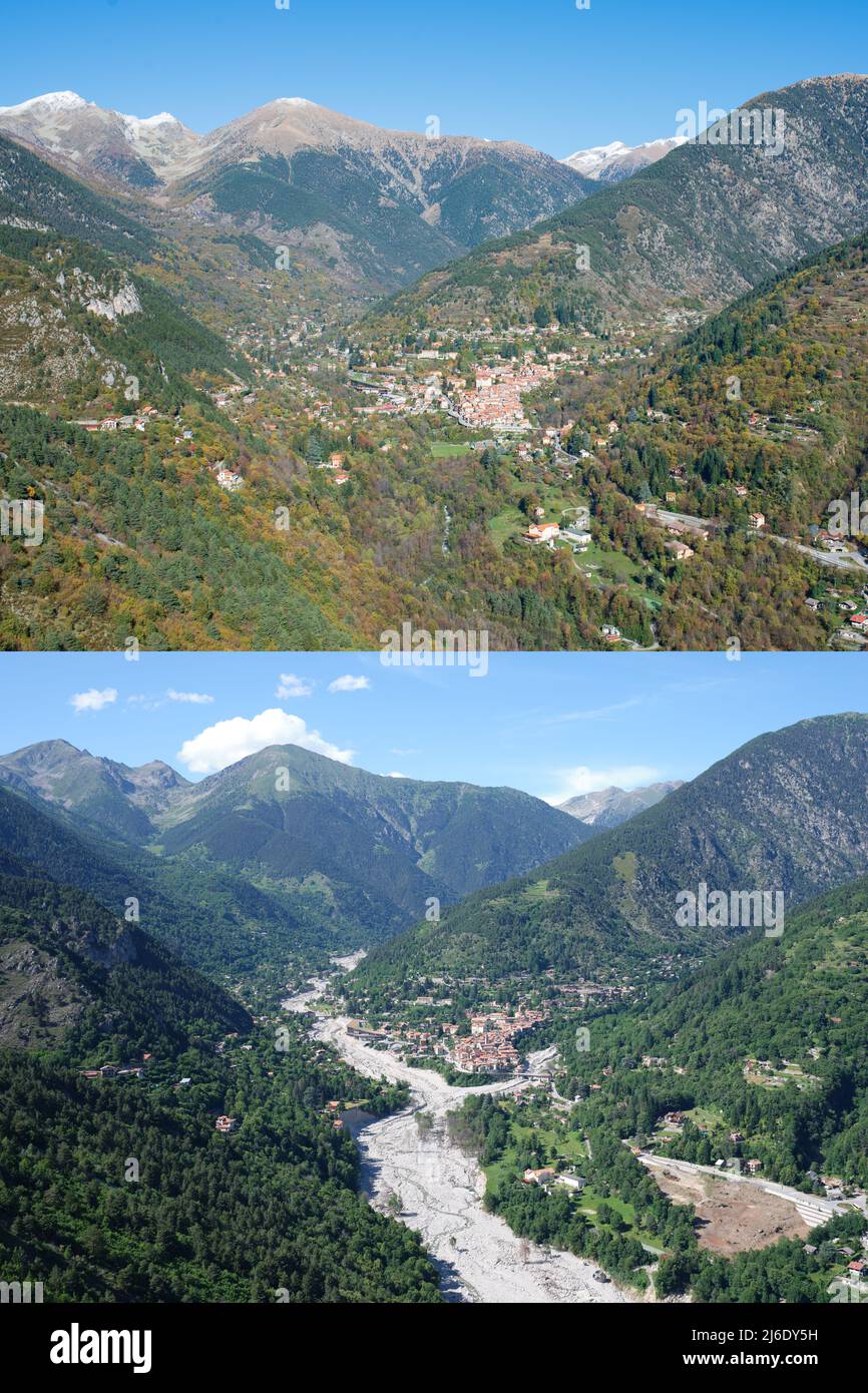 Ciudad de Saint-Martin-Vésubie antes y después de la tormenta Alex, que golpeó la región duro el 3rd de octubre de 2020 (500mm en 24 horas). Alpes Marítimos, Francia. Foto de stock