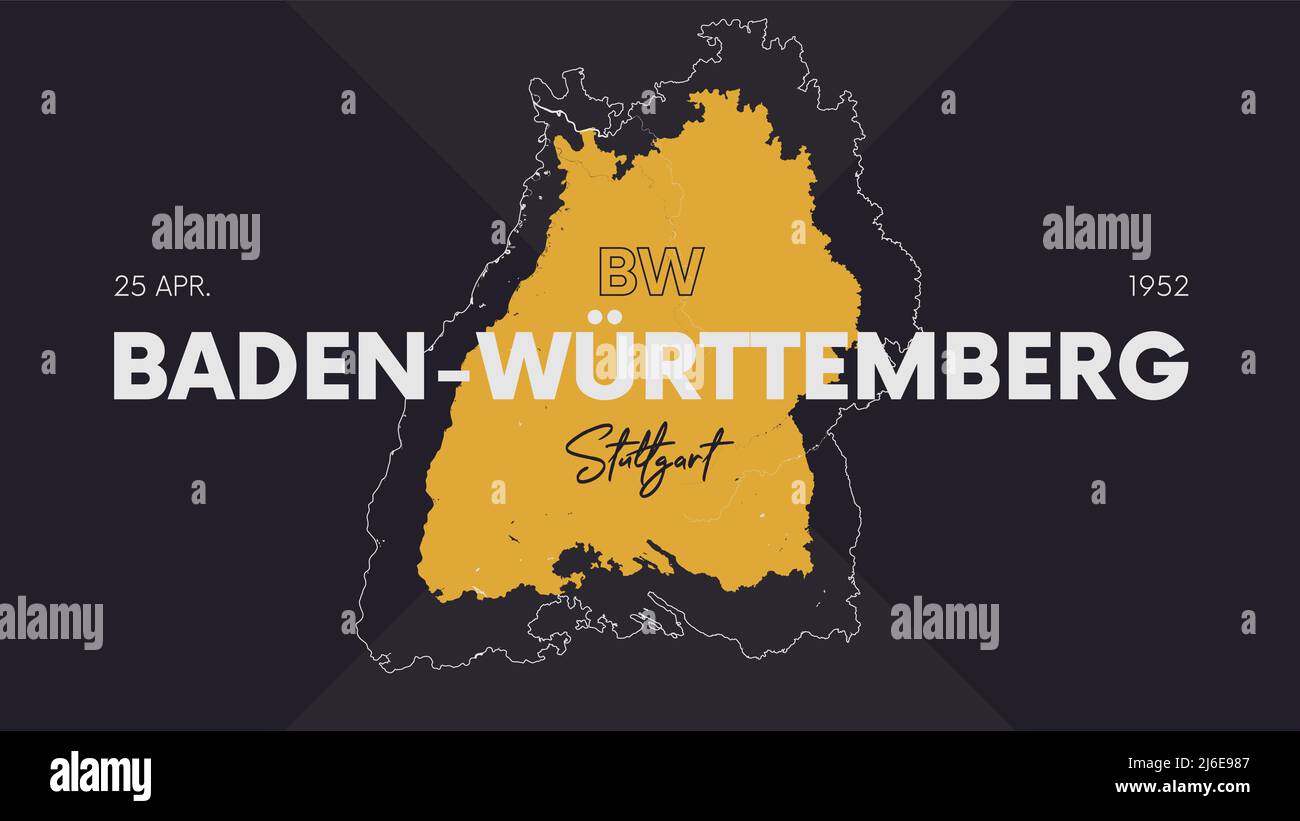 16 de los 16 estados de Alemania con un nombre, capital y vector detallado mapa de Baden-Württemberg para la impresión de carteles, postales y camisetas Ilustración del Vector