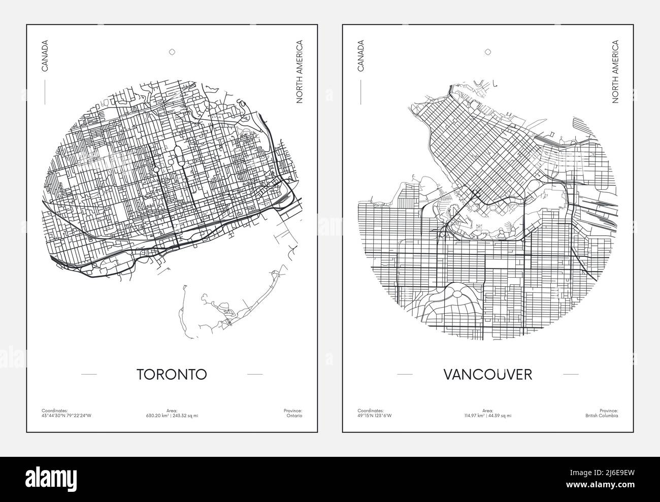 Cartel de viaje, plano urbano de la ciudad Toronto y Vancouver, ilustración vectorial Ilustración del Vector