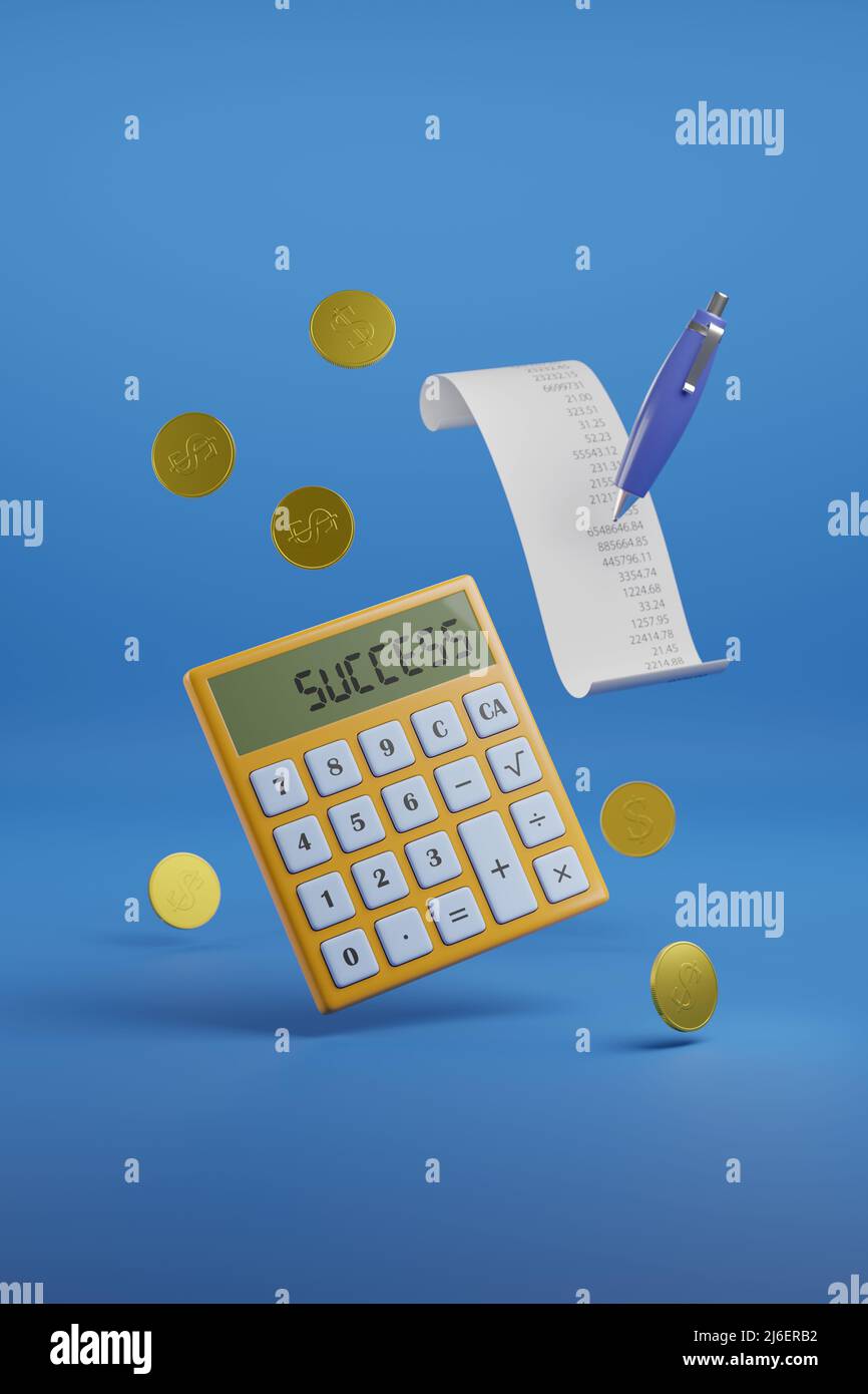 Calculadora con la palabra éxito en la pantalla junto a monedas de oro con  espacio de copia. ilustración 3d Fotografía de stock - Alamy