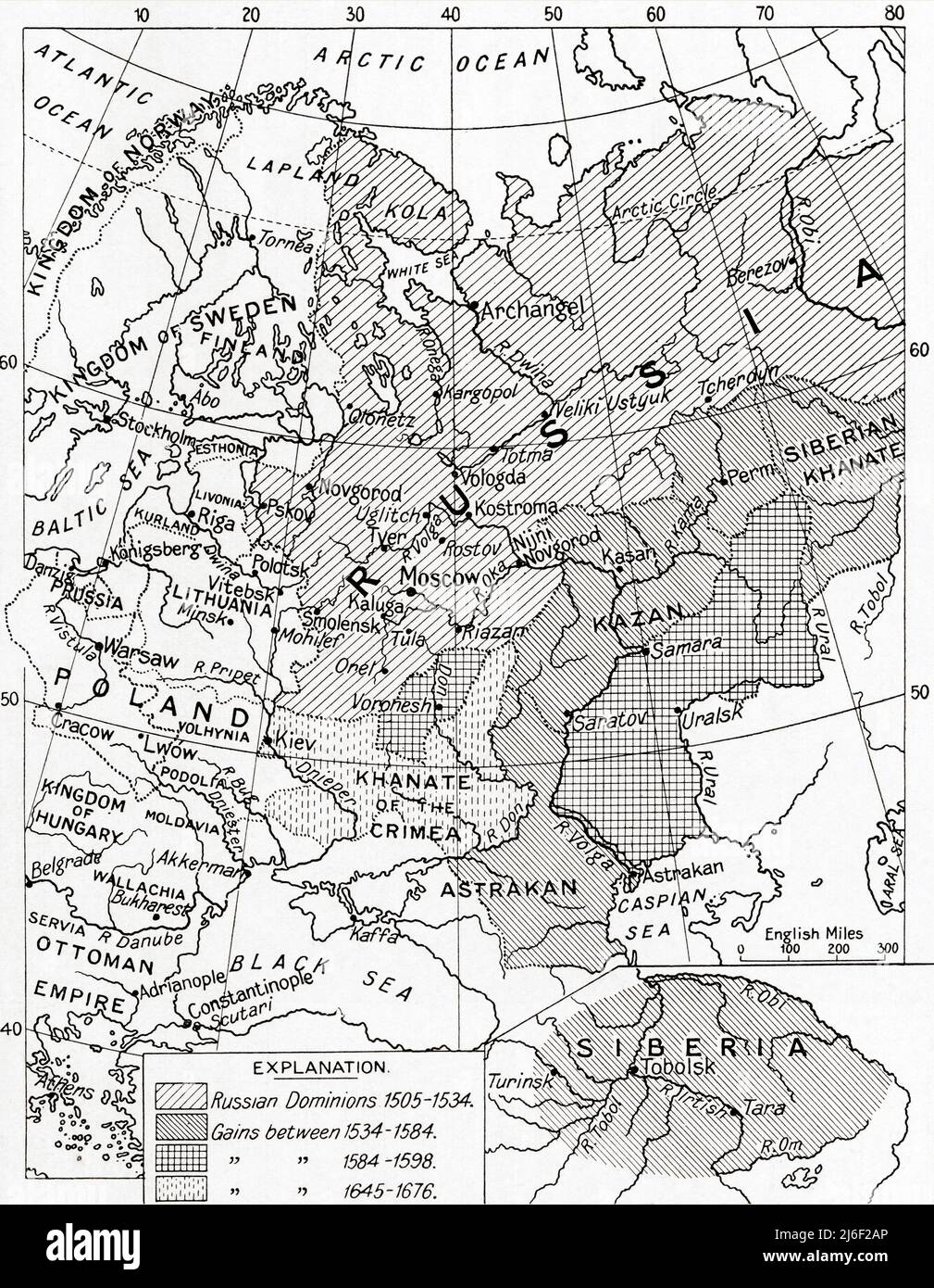 Mapa de Rusia en los siglos 16th y 17th. Foto de stock