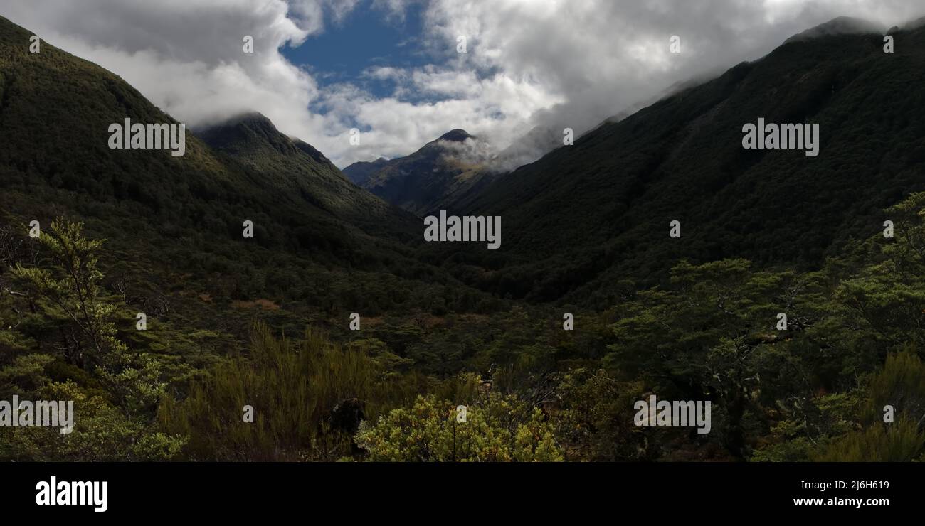 Una imagen panorámica del Valle de Mingha, mirando hacia el Paso de Goat, en el Parque Nacional Arthurs Pass, Nueva Zelanda Foto de stock