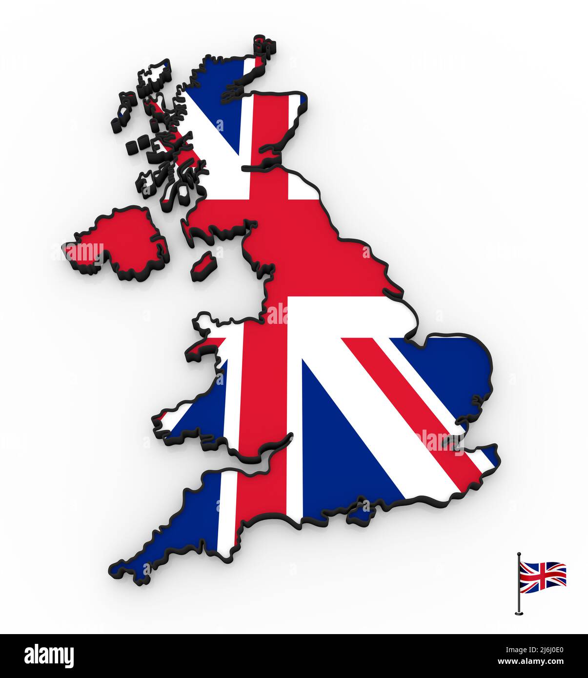 3D modelo del Reino Unido con bandera nacional sobre fondo blanco Foto de stock