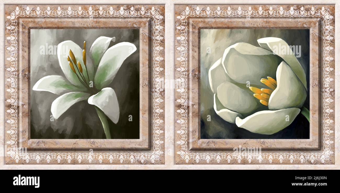 Decoración de pared de flores, Digital Wall Tile Design, decoración de azulejos de pared en mármol para decoración de casa, 3D ilustración se puede utilizar para papel tapiz, linóleo, texto Foto de stock