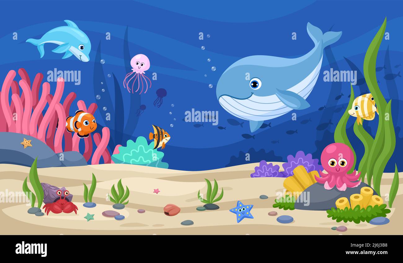 Fondo animal subacuático. Animales acuáticos, dibujos animados paisaje del mundo del mar. Acuario acuático con ballenas, peces, algas marinas. Vida marina tropical y exuberante Imagen Vector de stock - Alamy Fondo animal subacuático. Animales acuáticos, dibujos animados paisaje del mundo del mar. Acuario acuático con ballenas, peces, algas marinas. Vida marina tropical y exuberante Imagen Vector de stock - Alamy