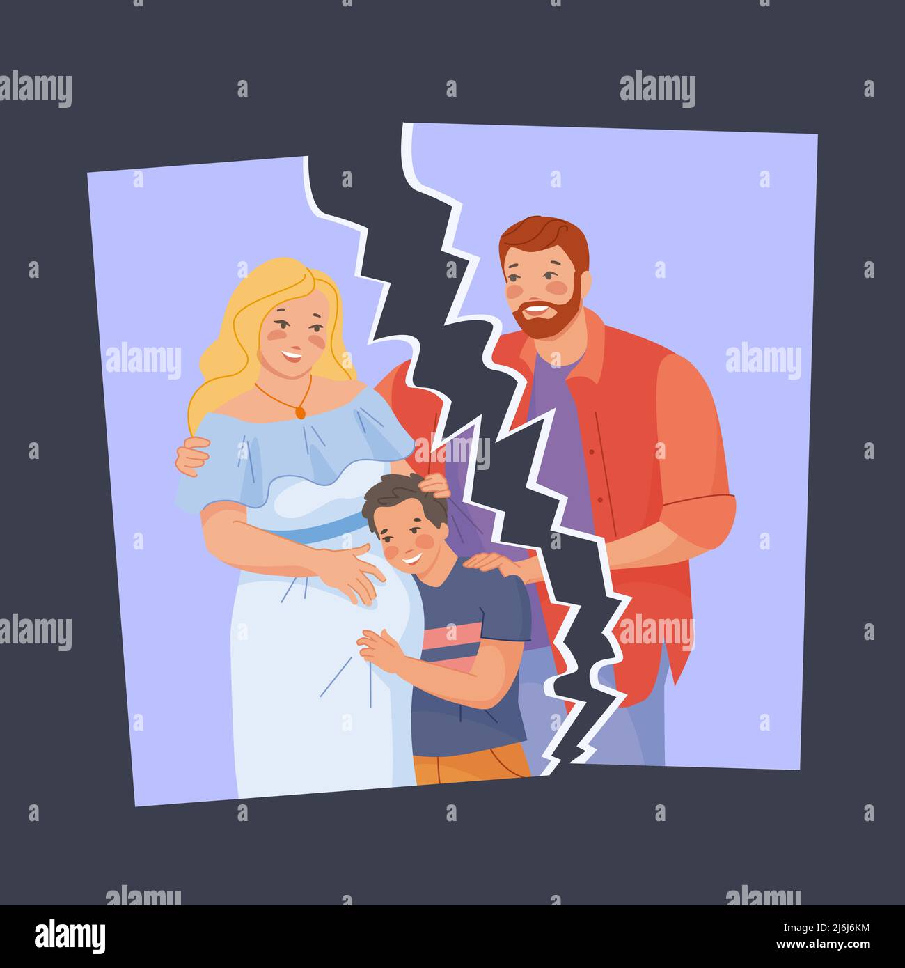 Familia rota. Foto separada, matrimonio problema divorcio relación dividida, separación de padres hijos madre y padre, sentimiento de pareja, ilustración vectorial del divorcio o la separación de la familia Imagen Vector de Familia rota. Foto separada, matrimonio problema divorcio relación dividida, separación de padres hijos madre y padre, sentimiento de pareja, ilustración vectorial del divorcio o la separación de la familia Imagen Vector de