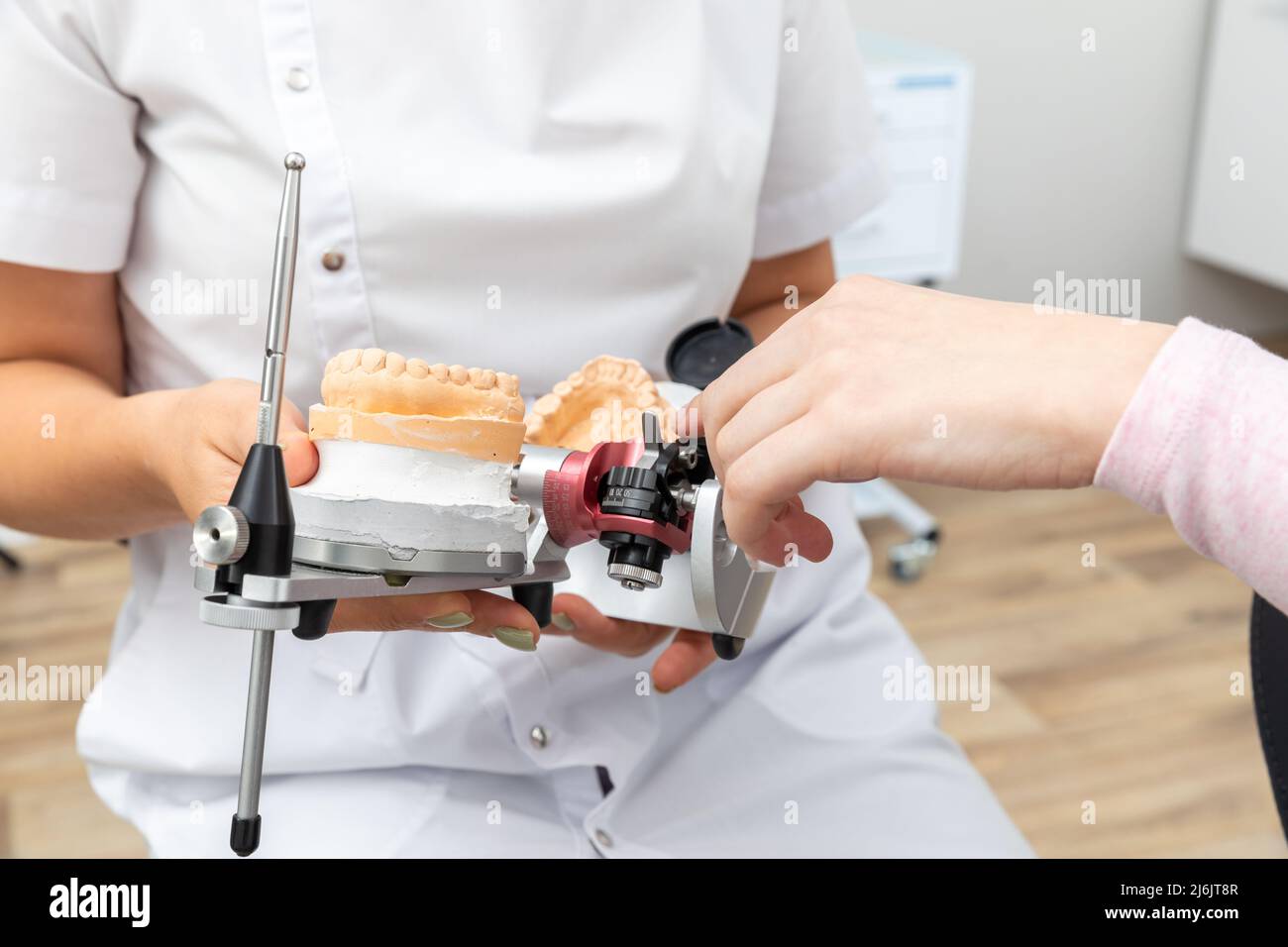 Dentista sosteniendo un modelo de articulación dental con prótesis de yeso dental en laboratorio dental y mostrarlo a un cliente Foto de stock