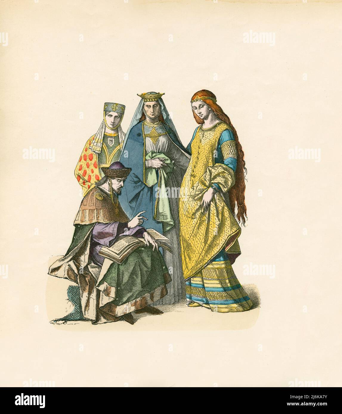 Príncipe Alemán y Damas Alemanas, Siglo 13th, Ilustración, Historia del Traje, Braun & Schneider, Munich, Alemania, 1861-1880 Foto de stock