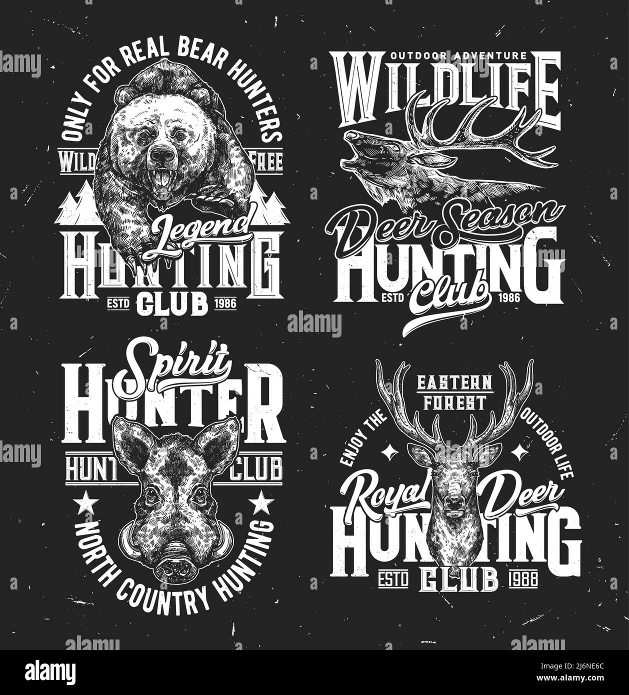 offset Exchangeable Ward Estampados de camisetas del club de caza, mascotas de boceto vectorial para  el diseño de prendas de vestir de la sociedad de caza. Animales salvajes  ciervos reales, osos y jabalíes, estampados de