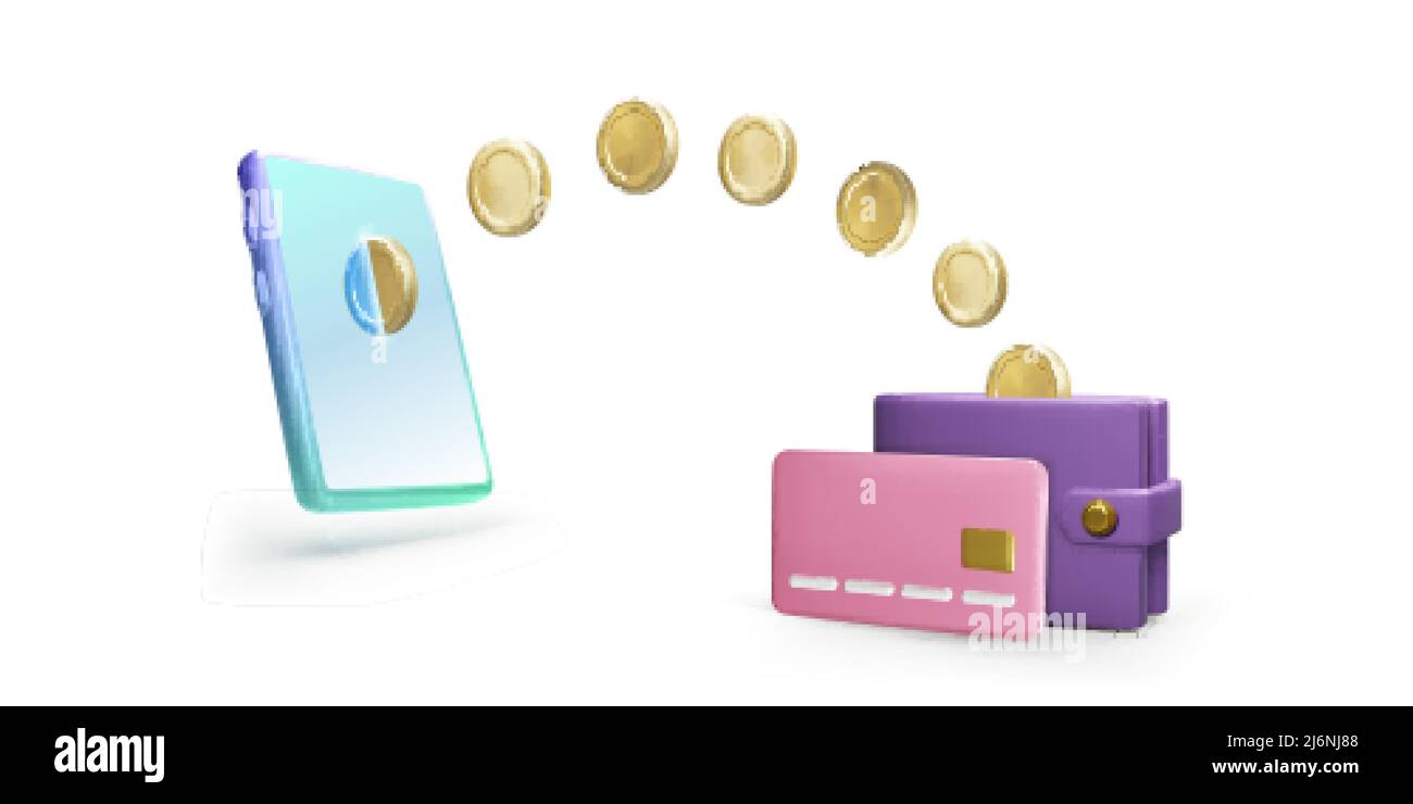 3d teléfono móvil con cartera de monedas de oro con tarjeta de crédito. Concepto de pago en línea o transacción de dinero. Aplicación de gestión financiera y banca inalámbrica. V Ilustración del Vector