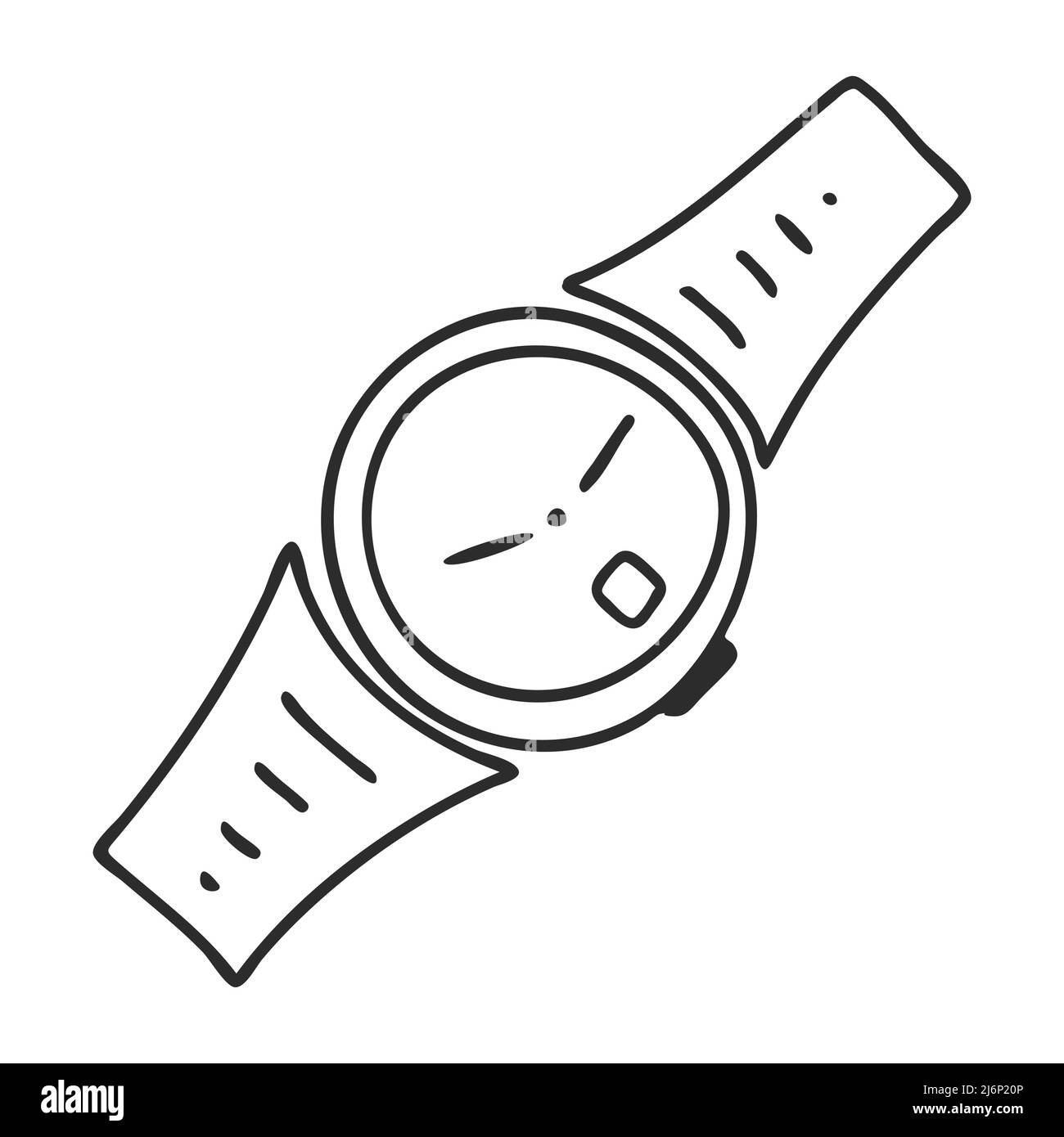 Un reloj de pulsera estilo Doodle. Símbolo de tiempo, prisa y estado.  Dibujado a mano y aislado sobre un fondo blanco. Ilustración vectorial en  blanco y negro Imagen Vector de stock -