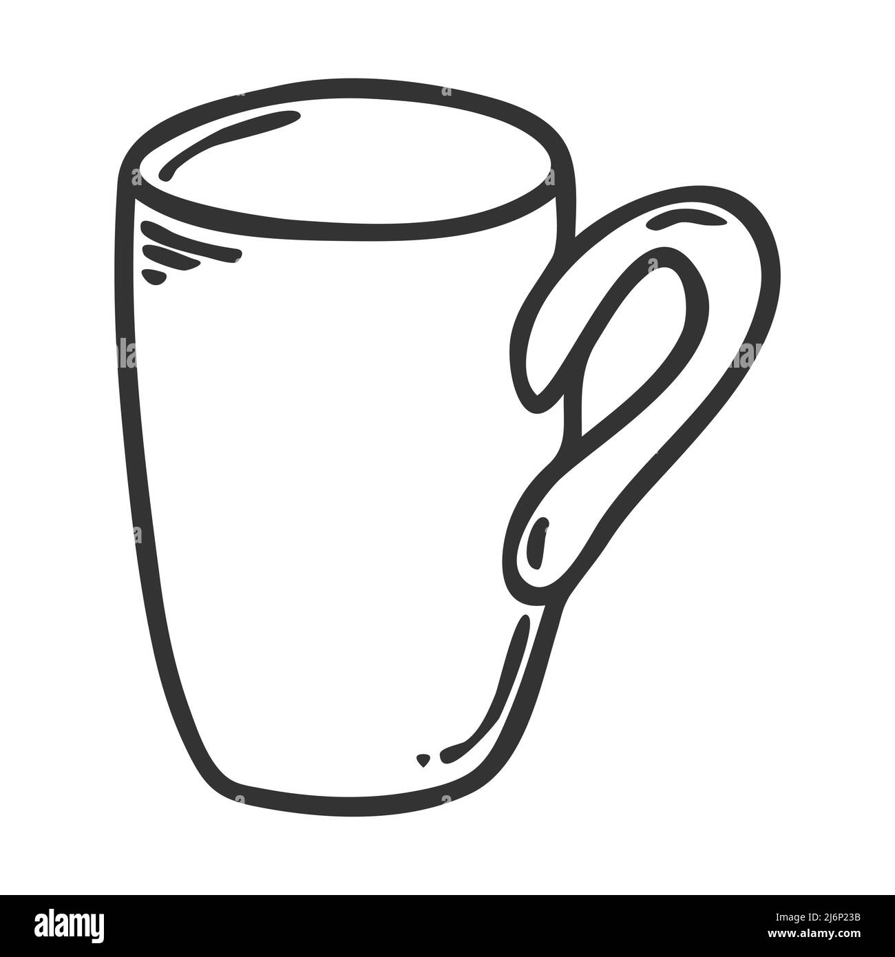 Taza con asa al estilo de Doodle. Utensilios de cocina. Elemento de diseño  para decorar el menú, recetas y envases de alimentos. Dibujado a mano y  aislado sobre blanco Imagen Vector de